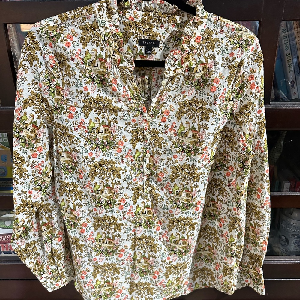 Talbots Green and Orange Floral Blouse